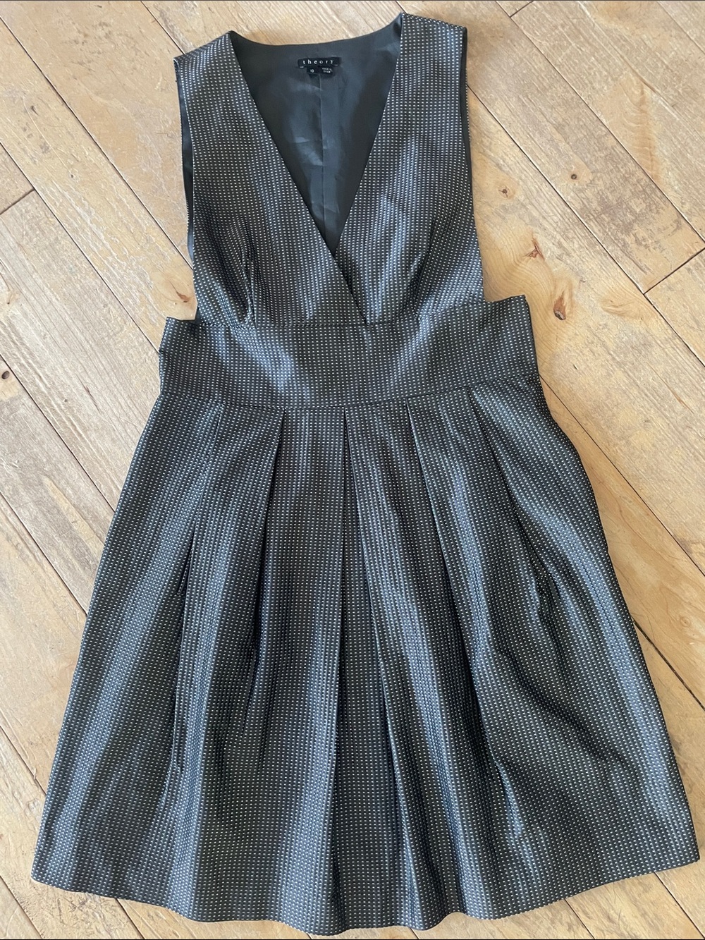 Theory Black V-Neck Pleated Mini Dress with Micro Dot Texture